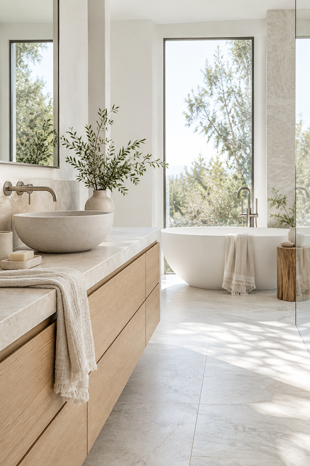 Light-filled bathroom with pale stone, a freestanding bath and oak vanity